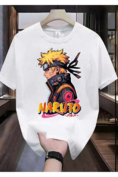 RYO FASHİON تي شيرت ناروتو مطبوع للجنسين أبيض بأكمام قصيرة