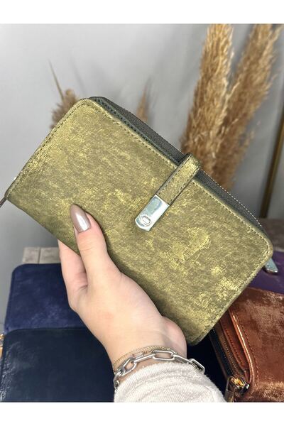 MODA Suet Women's Khaki Snap Wallet - Zippered Phone, Paper and Coin Compartment