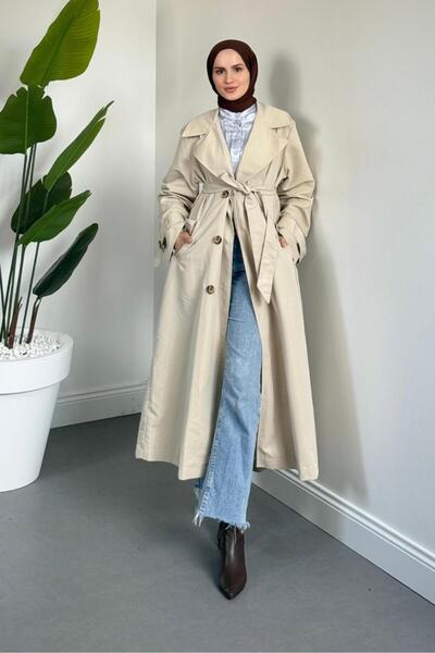 MERVEN AKYÜZ Helora Arka A Pİle Düğmeli Trençkot Krem