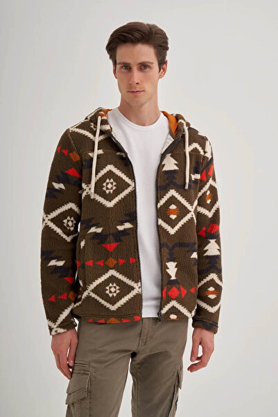 Cazador Vintage Patterned Fur Regular Fit Hooded Khaki Men's Cardigan 50940