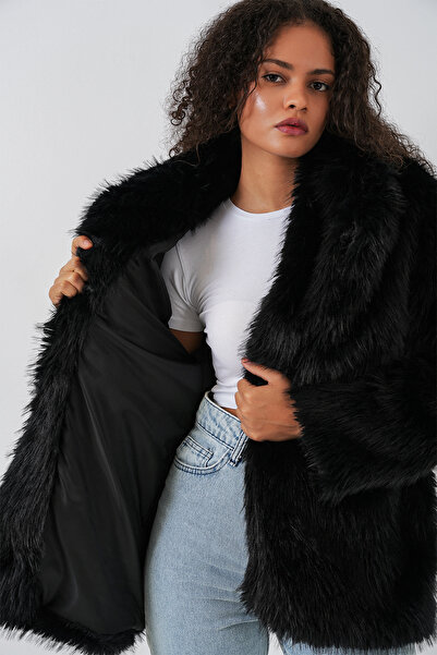 Bigdart Kadın Kemerli Oversize Kürklü Kaban 9156 - Siyah