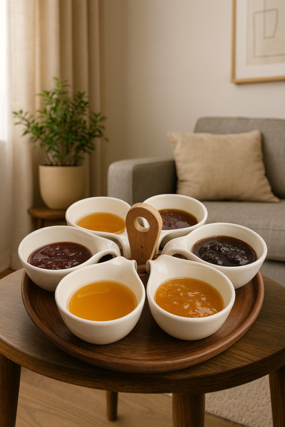 PAPİSAHOME Ahşap Desenli 6'Lı Kahvaltılık Takımı Porselen Sosluk.