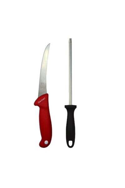 Globalport Retail Professional Butcher Set – Boning Knife with Red Handle, Stainless Steel Blade + Massat 20 cm