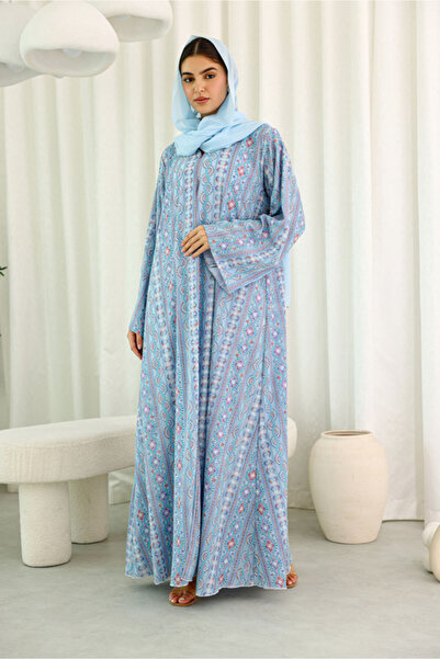 IKKXA Maxi Cut Design Spring Printed Blue Abaya