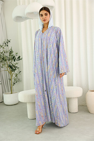 IKKXA Maxi Cut Design Spring Printed Purple Abaya