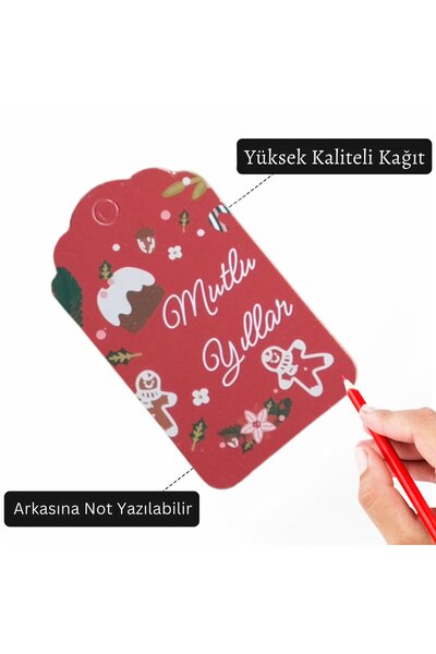 roco paper Yılbaşı Mutlu Yıllar Yazılı Hediye Etiketi, Yeniyıl Paketleme Kartı, 50 Adet-4,5x7.5Cm, Kırmızı