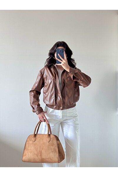 LOCH BUTİK Дамско кафяво яке от таба кожа с широки джобове