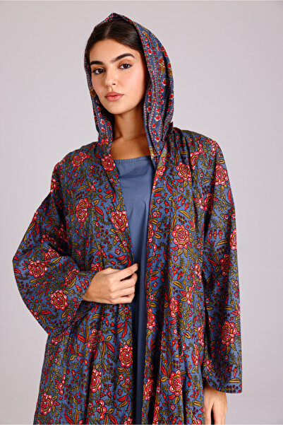 IKKXA Beautiful Orange Flowers Prints Abaya Blue