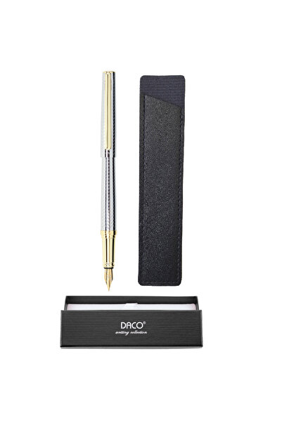Daco Stilou argintiu-auriu Daco, penita tip F + Etui piele FLR, corp metalic,...