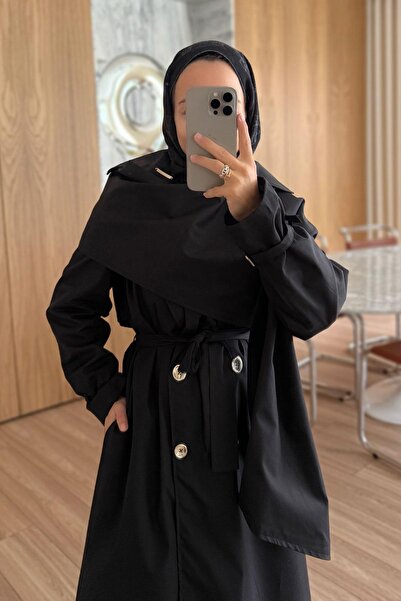 Ka Hijab Şal Detay Maxi Boy Trençkot - Siyah