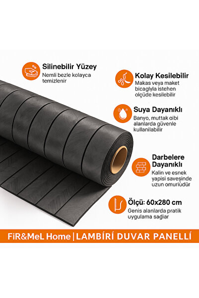 FiR&MeL Home 60cm x 280cm 1 Adet Kendinden Yapışkanlı Kömür Gri Lambiri Desen...