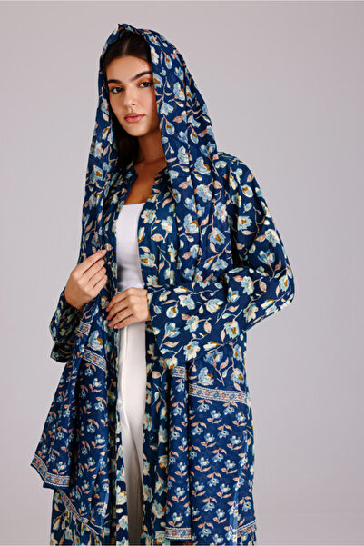 IKKXA Beautiful Floral Prints Design Abaya Blue