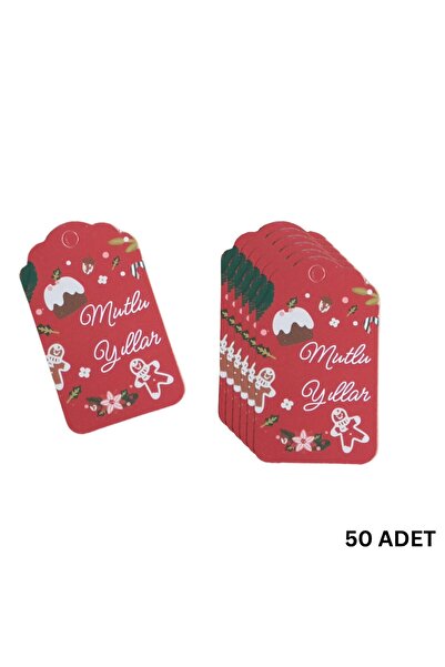 roco paper Yılbaşı Mutlu Yıllar Yazılı Hediye Etiketi, Yeniyıl Paketleme Kartı, 50 Adet-4,5x7.5Cm, Kırmızı