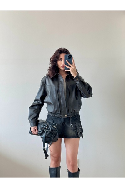 LOCH BUTİK سترة جلدية سوداء للنساء بجيوب واسعة