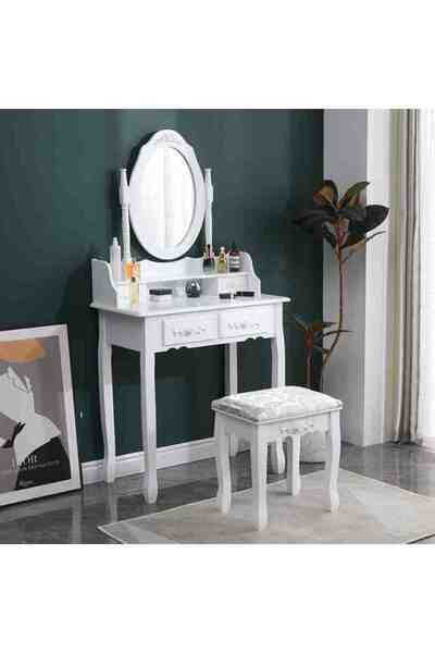 Selgot Masă de machiaj cu scaun, oglindă și 4 sertare Mira, albă