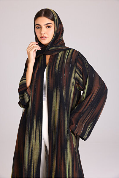 IKKXA Modern Colorful Brown and Green Stripes Abaya