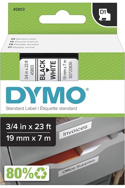 Dymo شريط 19 مم × 7 م أبيض D1، شريط وسم D1 قياسي لصانعي الملصقات LabelManager...