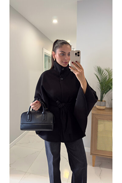 BİRCANÇİL Luffy Black Belted Cashmere Poncho