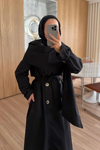 Ka Hijab Şal Detay Maxi Boy Trençkot - Siyah