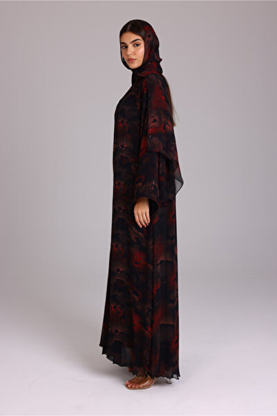 IKKXA Modern Shadow Prints Elegant Red Abaya