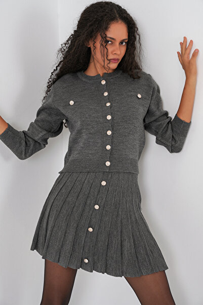 Bigdart Tricotaj pentru femei Cardigan Fusta Set din două piese 15942 - Antracit