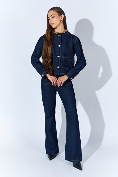 Manche Dört Cepli Düğmeli Denim Takım - Rins Yıkama Kahve | MKW185311-01