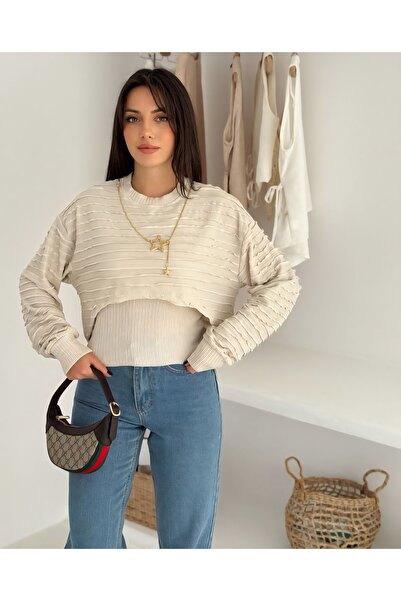 Noa Noa Ruffled Double Set Sweatshirt with Necklace