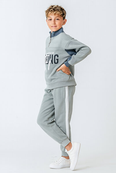 AHENGİM Boy's Brooklyn Stay Strong Printed 3 Thread Thick Winter Tracksuit Set Ak4225