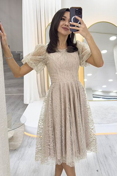 zks grup tekstil Women's Balloon Sleeve Silvery Flared Midi Length Evening Dress Water Green, Black, White, Indigo