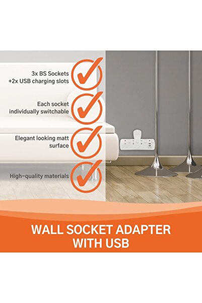 Kistenmacher EGK603BU 5V 3-Way BS Wall Socket Adapter with Dual USB, White