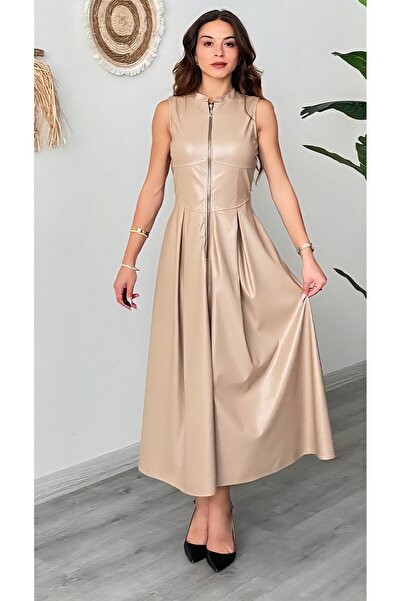 DİMA Rochie din piele artificială cu fermoar Hakim Yaka