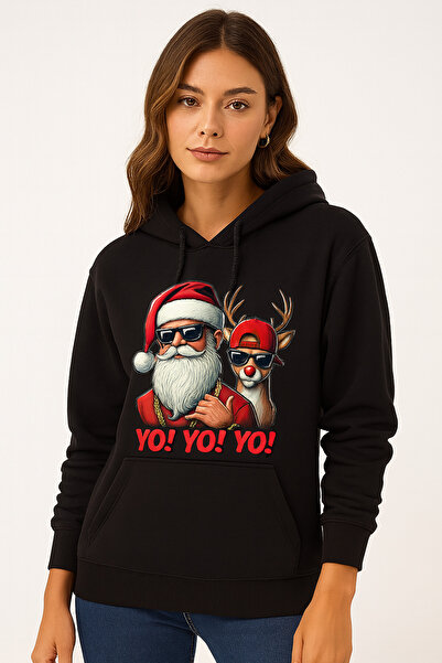 MODA هودي أسود مطبوع عليه سانتا وغزال عيد الميلاد - سويت شيرت كبير الحجم للجن...