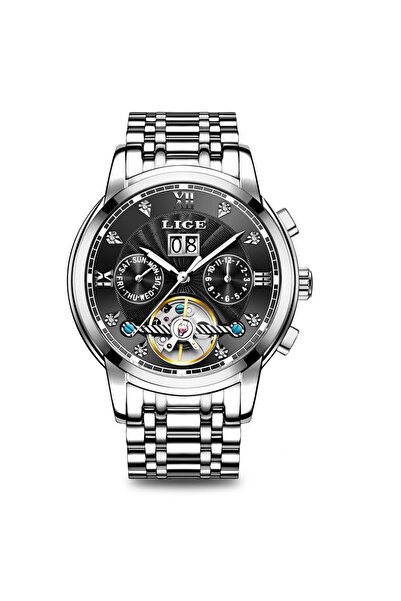 Lige Ceas mecanic automat bărbătesc Date Skeleton Silver