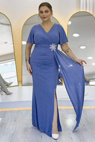 the ZKS Rochie de seară pentru femei, cu detalii strălucitoare, cu decolteu dublu, cu decolteu cu fante, negru, indigo, violet, bleumarin