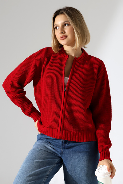 Devinka Women's Red Zippered Knitwear Cardigan