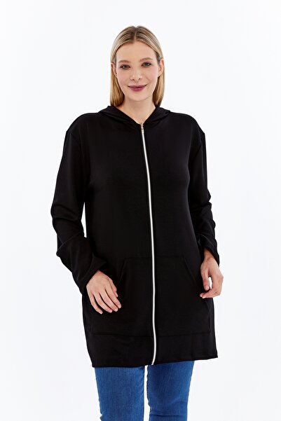 Curvy Trend Plus Size Hooded Full Zipper Pocketed Soft Flowy Fabric Tunic Style Sweatshirt