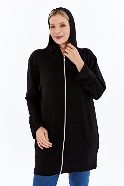Curvy Trend Plus Size Hooded Full Zipper Pocketed Soft Flowy Fabric Tunic Style Sweatshirt