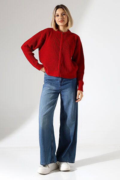 Devinka Women's Red Zippered Knitwear Cardigan