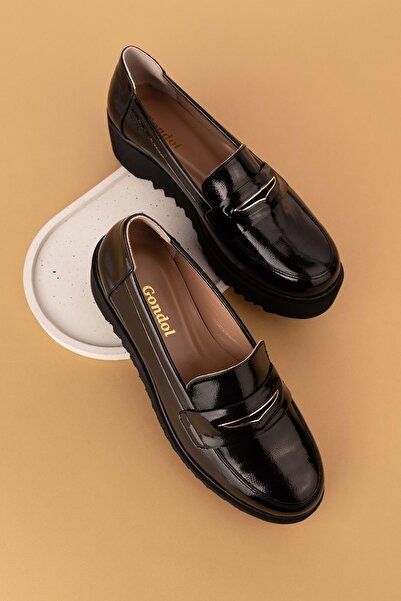 Gondol Hakiki Deri Dolgu Topuklu Şık Ayakkabı ast.8401 Siyah Rugan