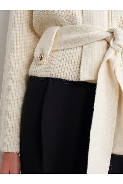 Dilvin 60988 Zippered Belted Buttoned Wool Knitwear Cardigan-Ecru