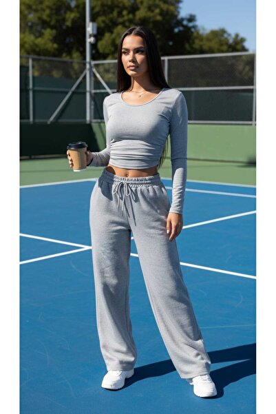 BERYY MODA Pantaloni de trening gri pentru femei, largi, supradimensionați, d...