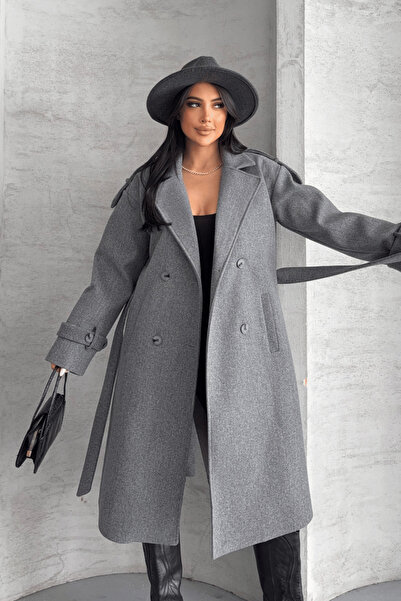 giyimmasalı Μακρύ παλτό από εισαγόμενο ύφασμα κασετίνας - ΓΚΡΙ