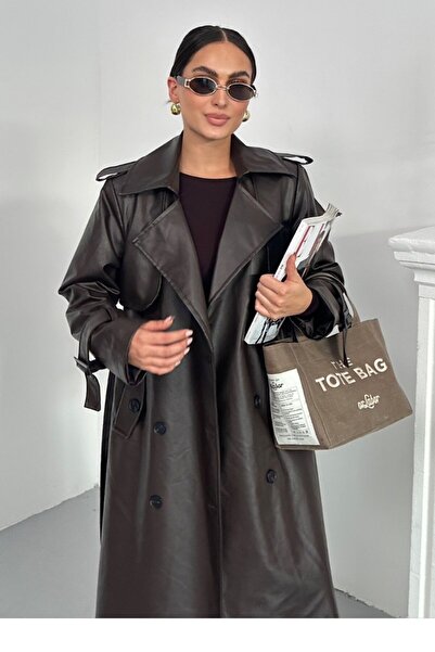 spirituel Dámský trenčkot Dlouhý trenčkot z umělé kůže s páskem na knoflíky s kapsami a rozparkem s dvojitým límcem