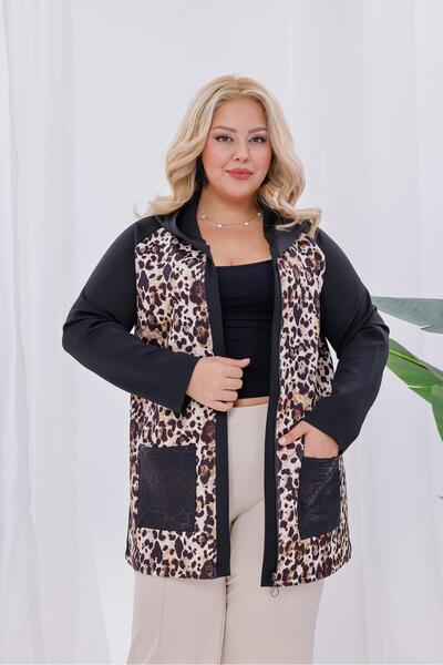 Siyezen Büyük Beden Leoparlı Cepli Scuba Kumaş Hırka