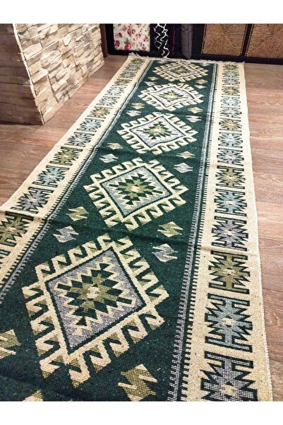 OEM Traditional Carpet, Size 100x400cm Green and Cream, ROMB Model