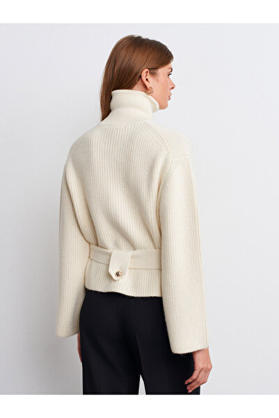 Dilvin 60988 Zippered Belted Buttoned Wool Knitwear Cardigan-Ecru