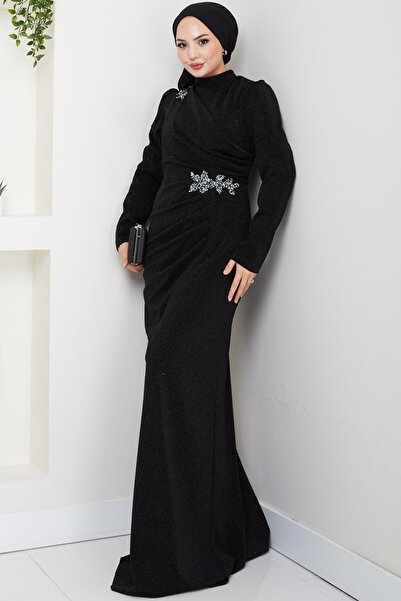 Feiza Collection Taş Detaylı Simli Abiye Elbise -SİYAH