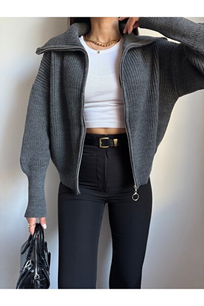 LOTUS CITY Antracitový pletený svetr se zapínáním na zip