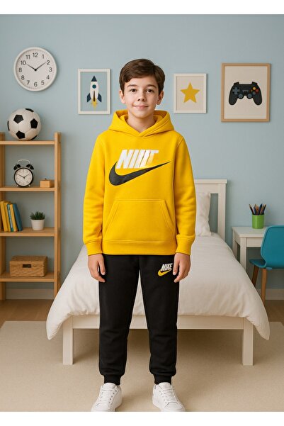 Uğur bebe Yellow 3-Thread Fleece Thick Hooded Tracksuit Set, Warm in Winter, Comfortable and Stylish Choice.
