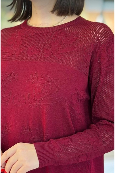 GALA WOMAN Long Sleeve Openwork Knit Sweater with Mesh Detail